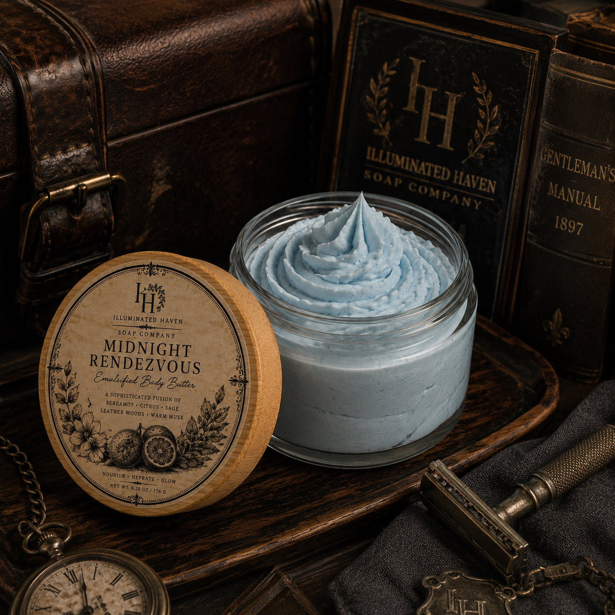 Midnight Rendezvous Emulsified Body Butter — bergamot, citrus, sage, leather woods and warm musk, styled for the modern gentleman