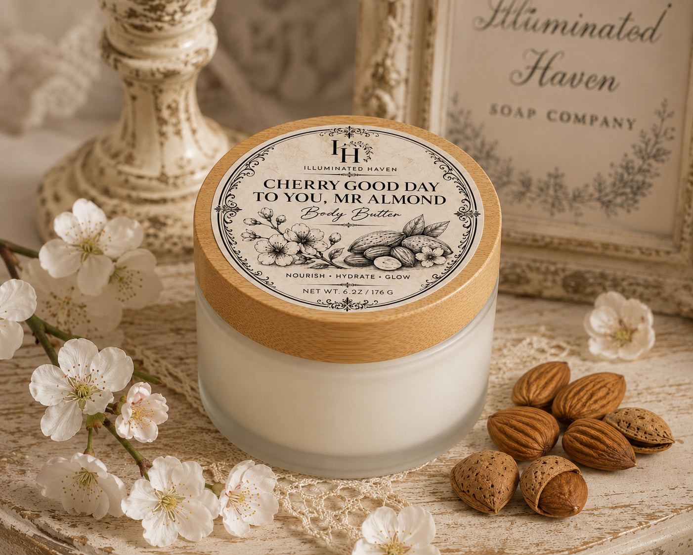 Cherry Good Day To You Mr Almond Emulsified Body Butter frosted glass jar with bamboo lid, cherry blossoms and almonds