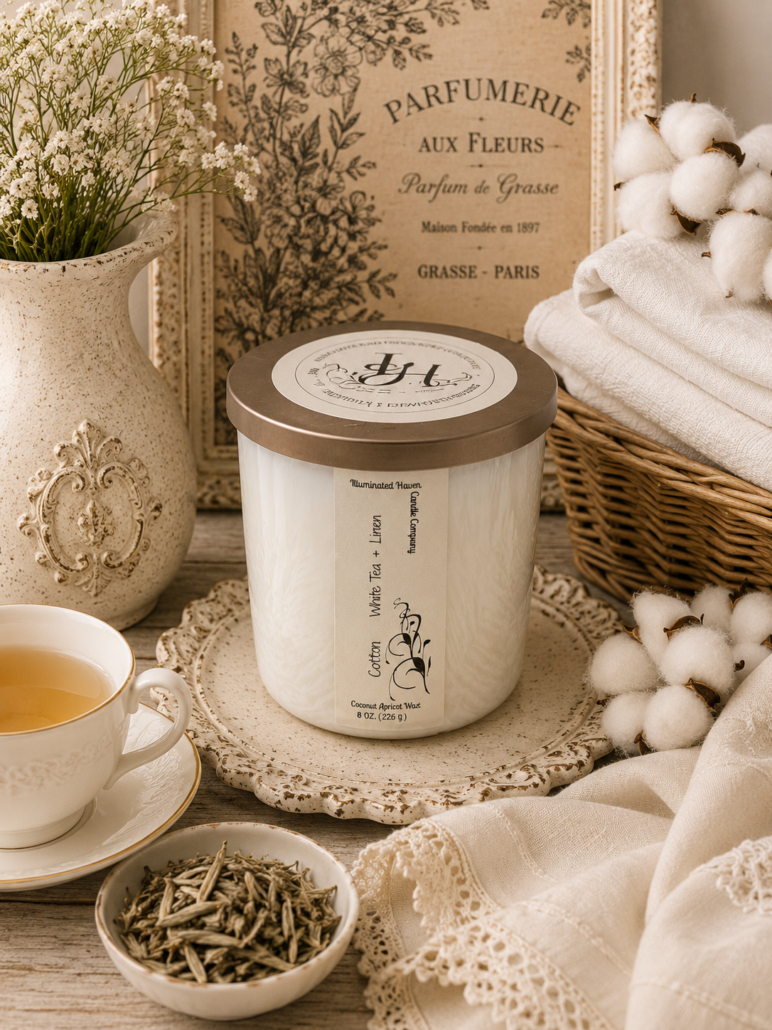 Cotton, White Tea & Linen Luxury Candle