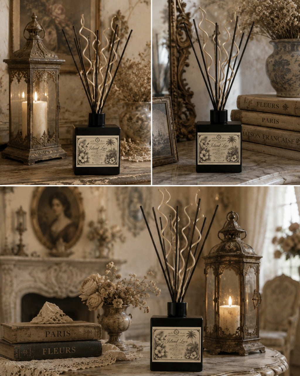 Island Lace Reed Diffuser lifestyle styling collage