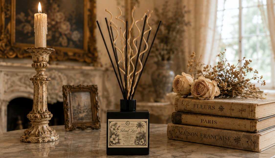Island Lace Reed Diffuser styled with French antique books, cream taper candle and dried florals in a Victorian setting