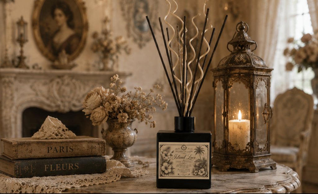 Island Lace Reed Diffuser on a marble table with a brass lantern, dried roses and Paris antique books