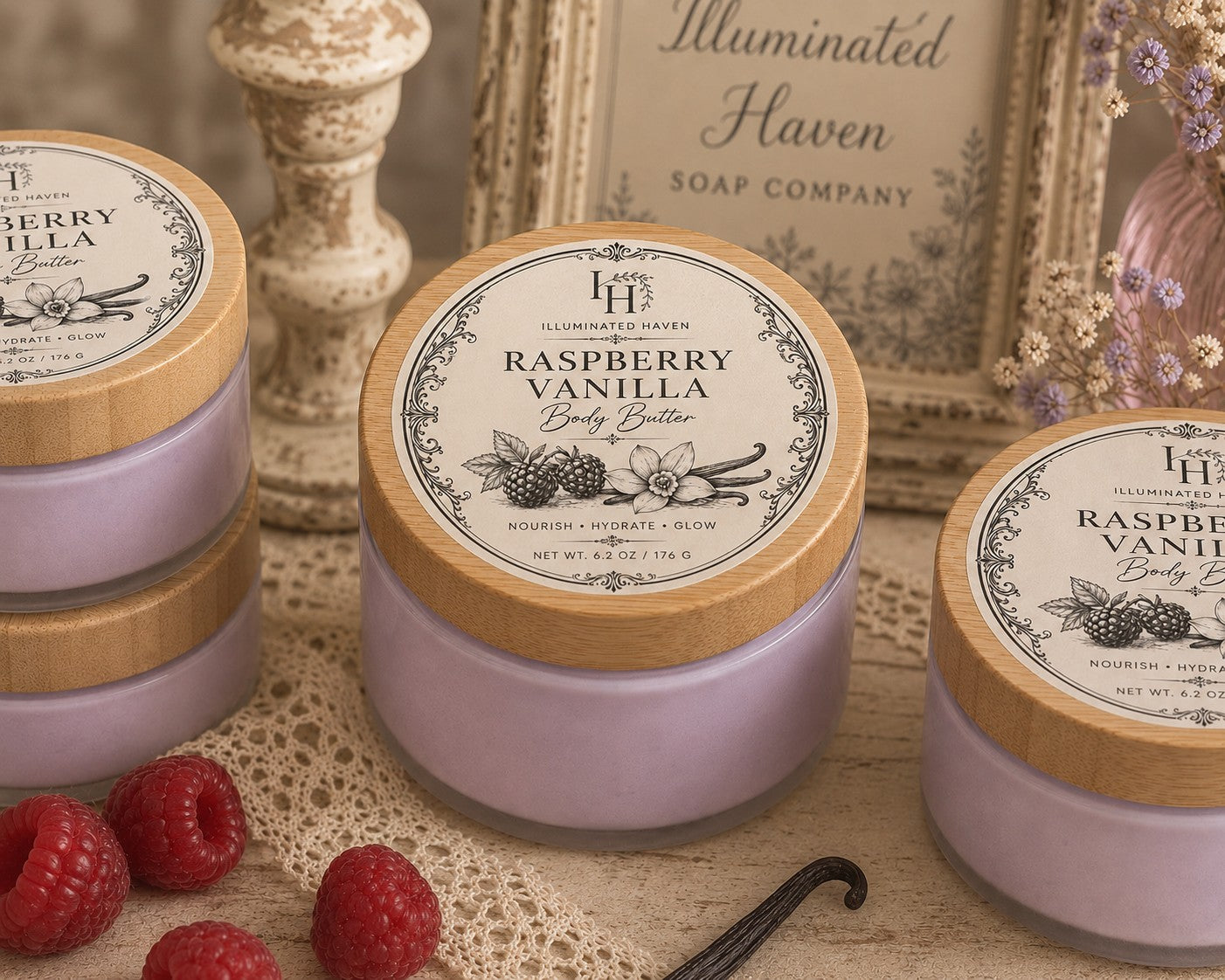 Raspberry Vanilla Emulsified Body Butter jar with bamboo lid and Illuminated Haven Victorian label with raspberries and vanilla bean