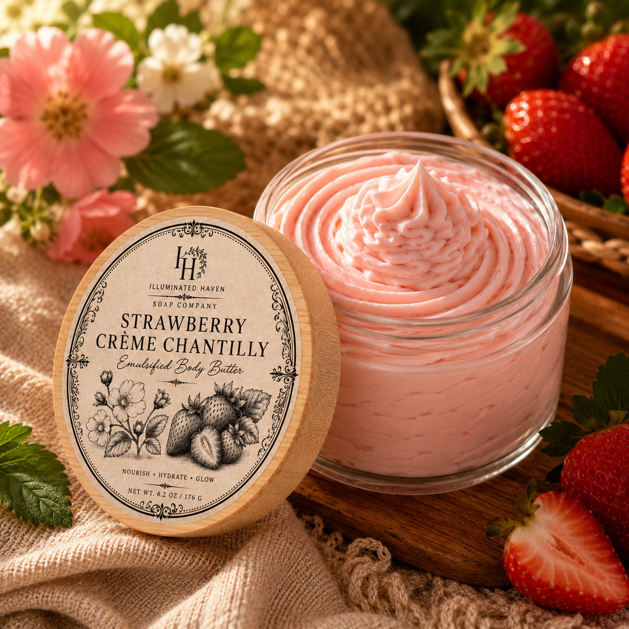 Strawberry Creme Chantilly Emulsified Body Butter — soft pink whipped butter with fresh strawberries and Victorian label
