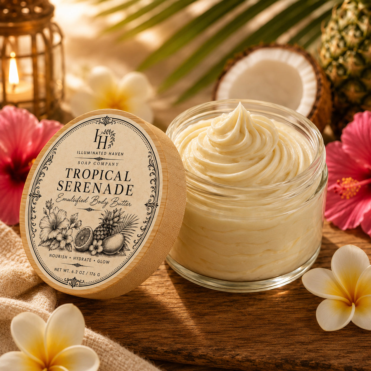 Tropical Serenade Emulsified Body Butter with pineapple, coconut, hibiscus and plumeria in warm island light