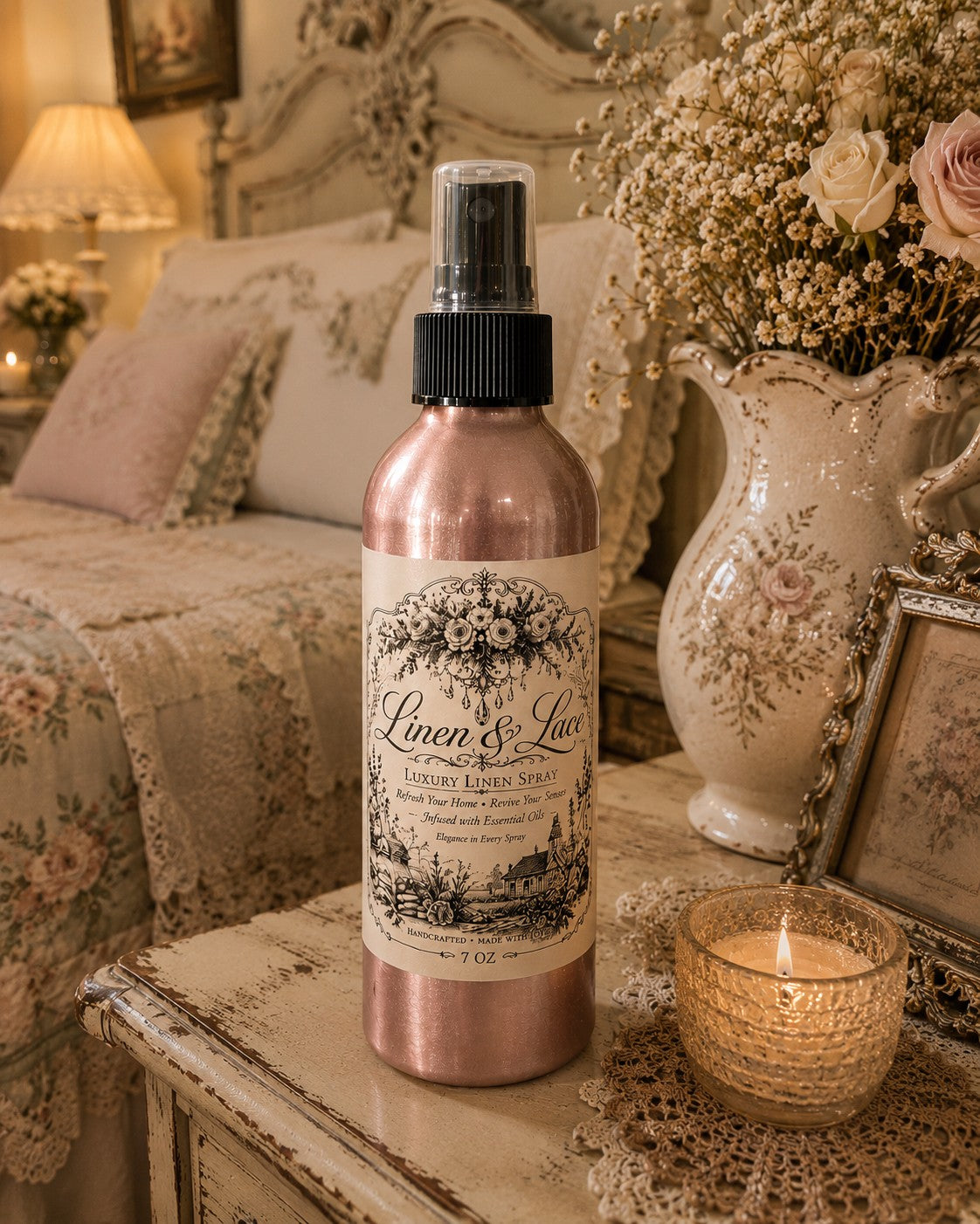 Linen & Lace Luxury Linen Spray rose gold bottle on a French Country nightstand
