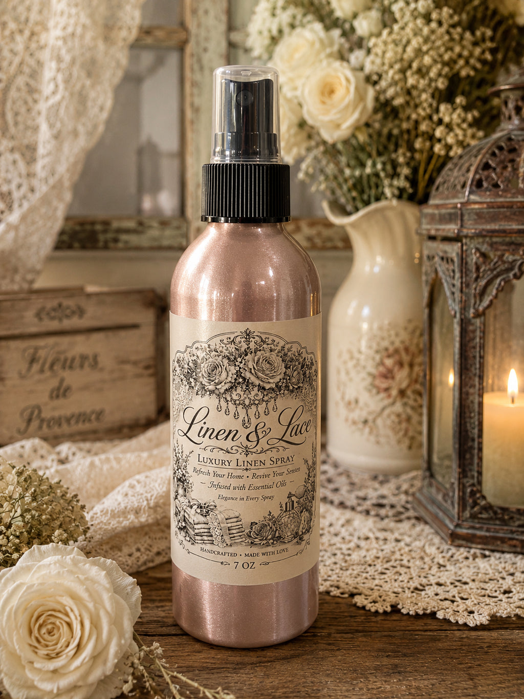 Linen & Lace Luxury Linen Spray styled with Fleurs de Provence sign, cream roses and antique lantern