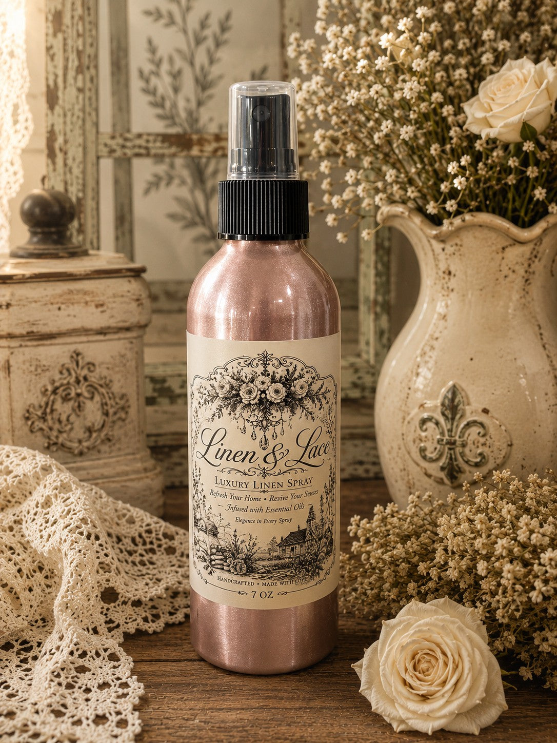 Linen & Lace Luxury Linen Spray beside a fleur-de-lis pitcher, dried florals and vintage lace